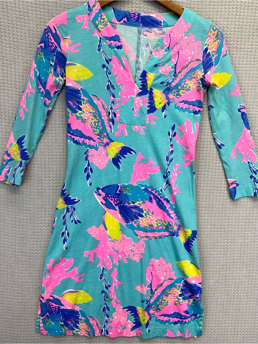 Lilly Pulitzer Riva Dress Shorely Blue Sandstorm Mini Tropical Fish Resort XXS